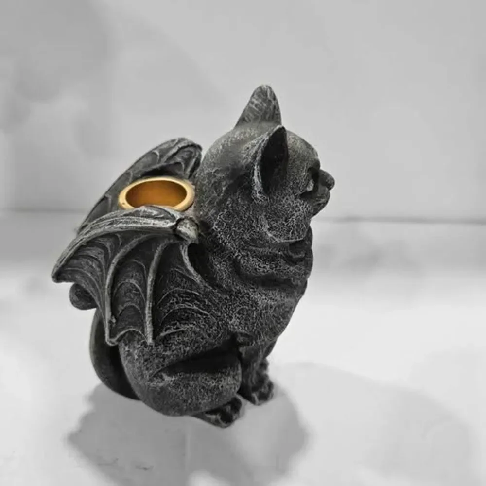 Gothic Winged Cat Gargoyle Tea Light Candle Holder
